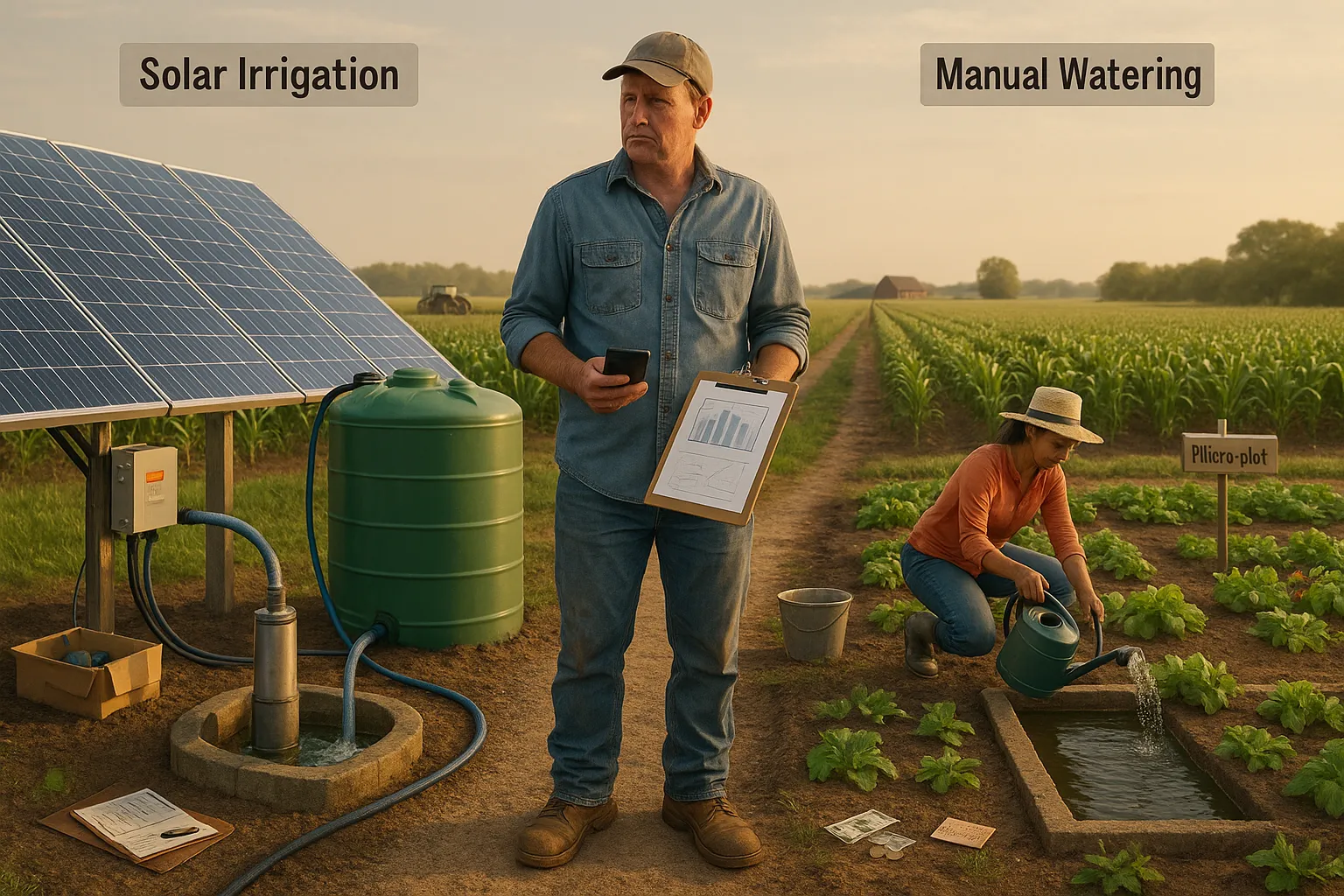 Farmer comparing a solar pump and tank beside a manual watering micro-plot.