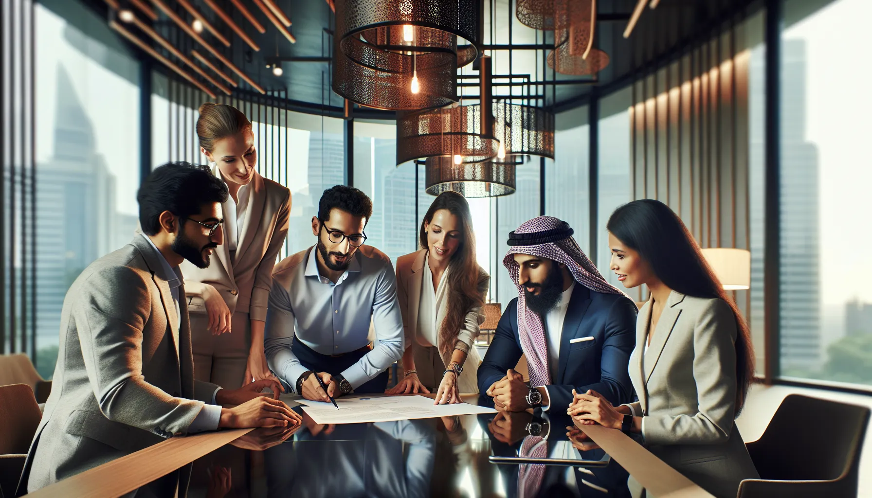 diverse professionals discussing traditions in a modern office.