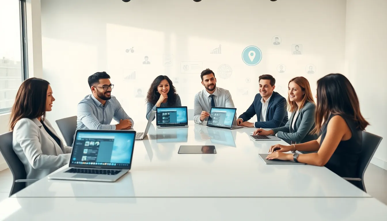 professionals collaborating in a modern digital workspace.