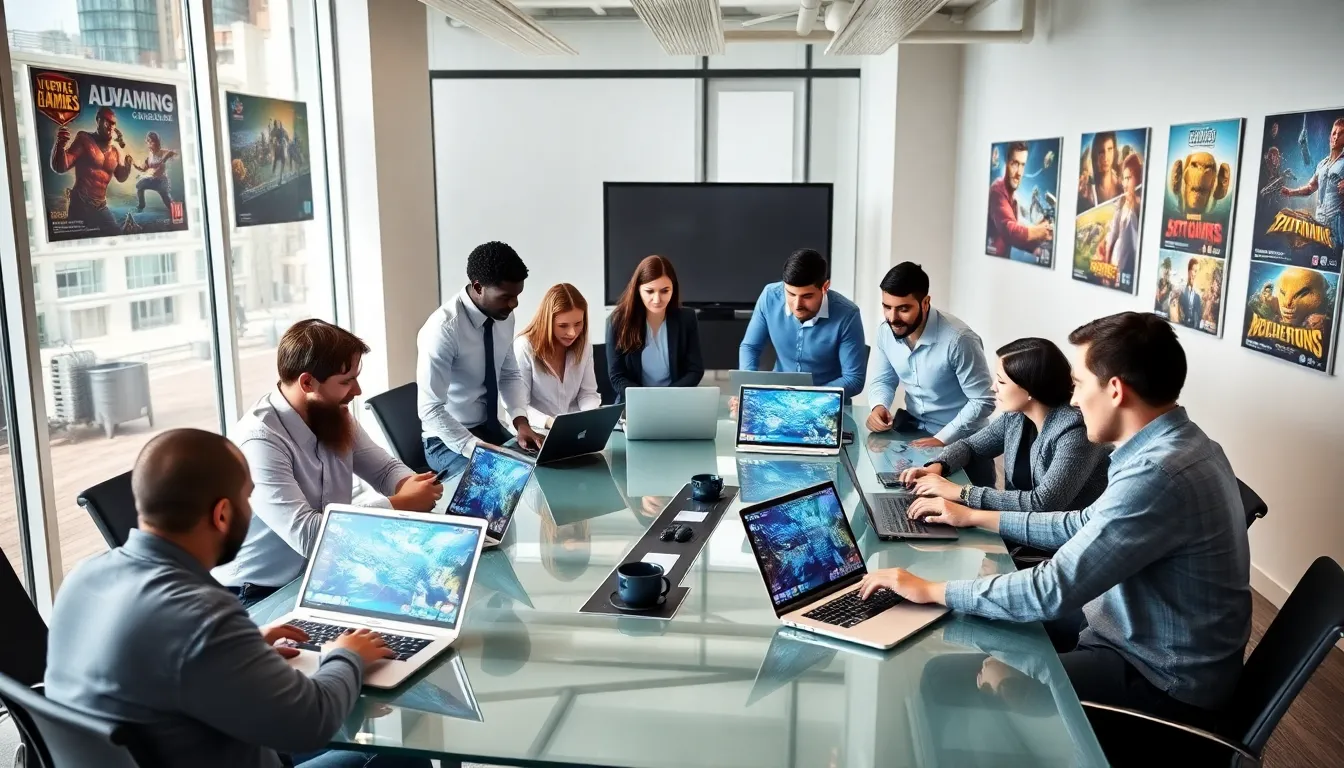 diverse team discussing gaming innovations in a modern office.