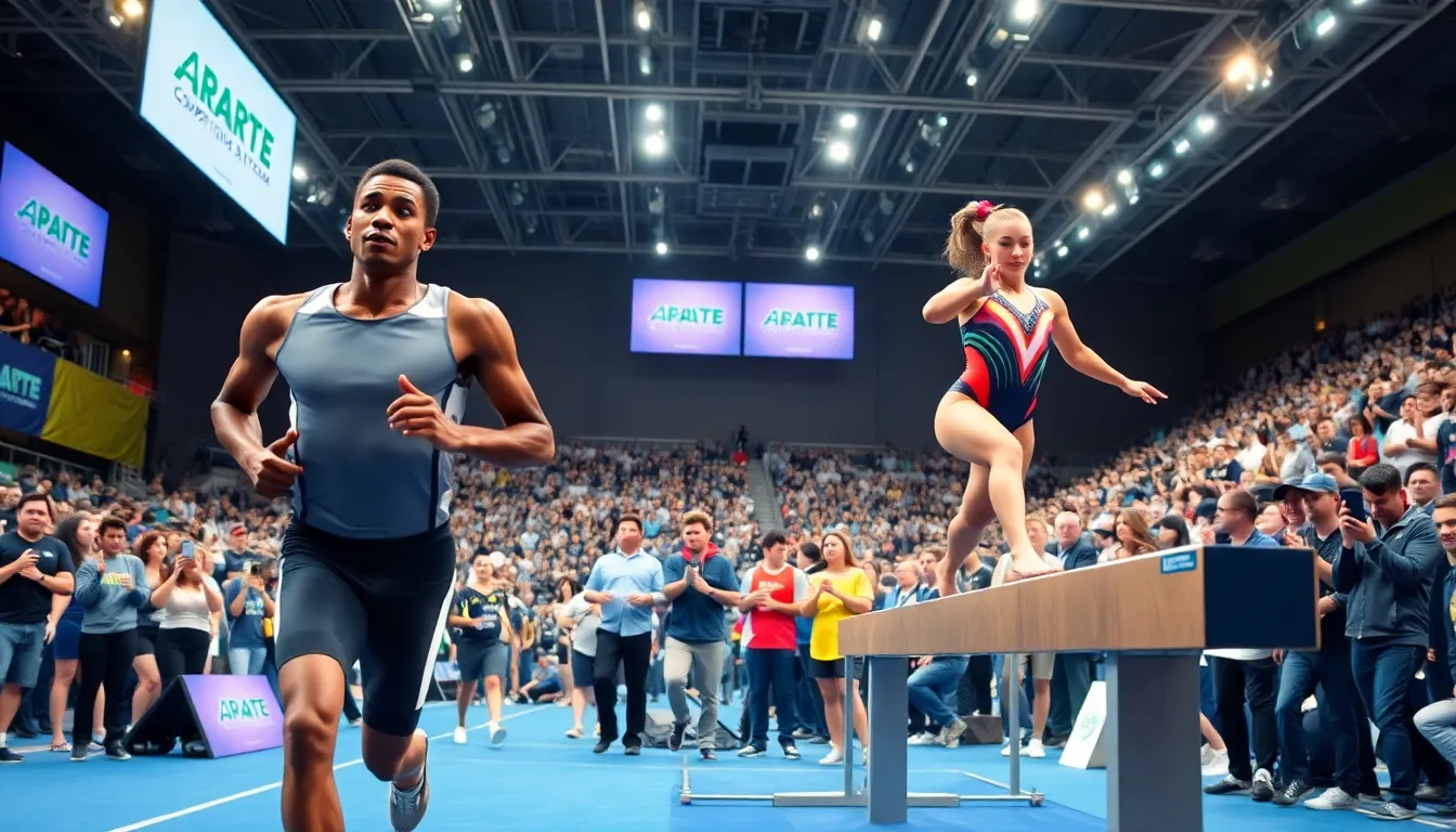 athletes competing in a lively indoor sports arena.