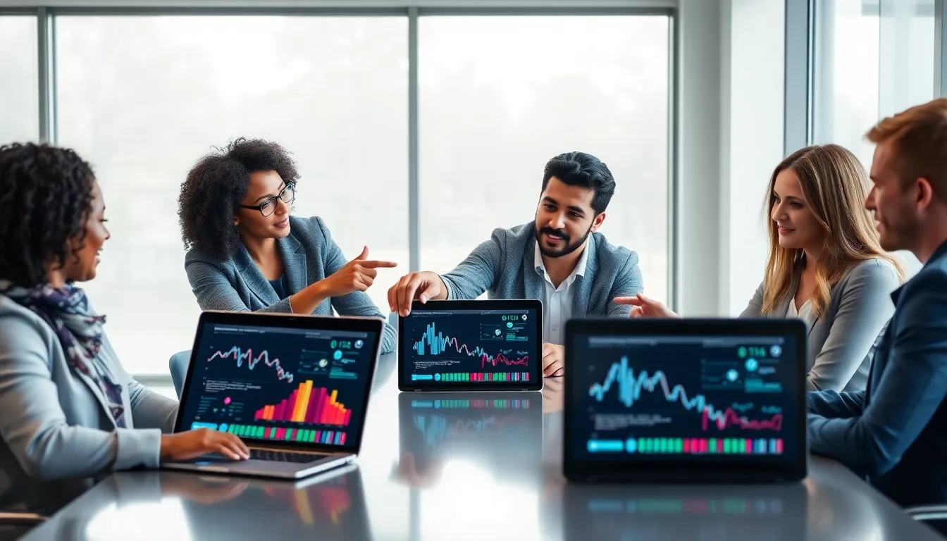 team collaborating on mobile app synchronization in a modern office.