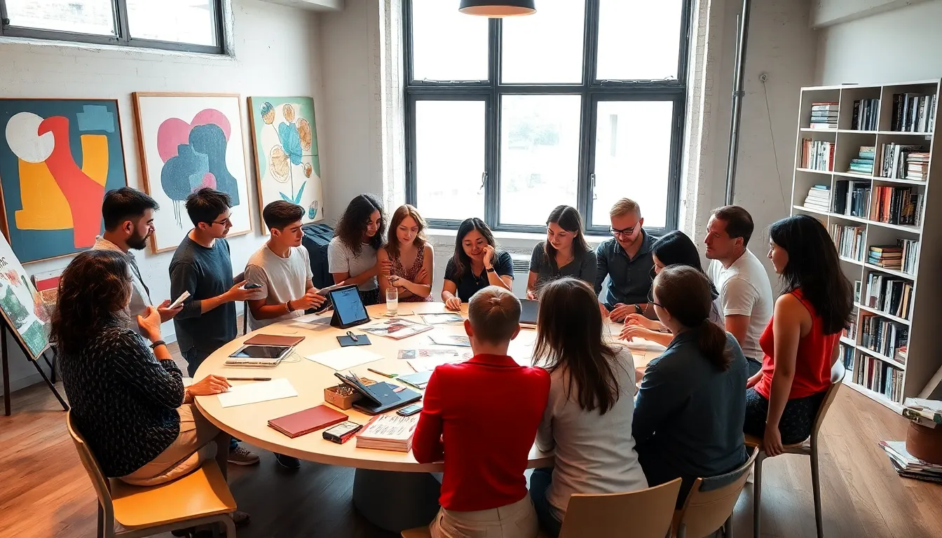 diverse creatives collaborating in a modern loft space.