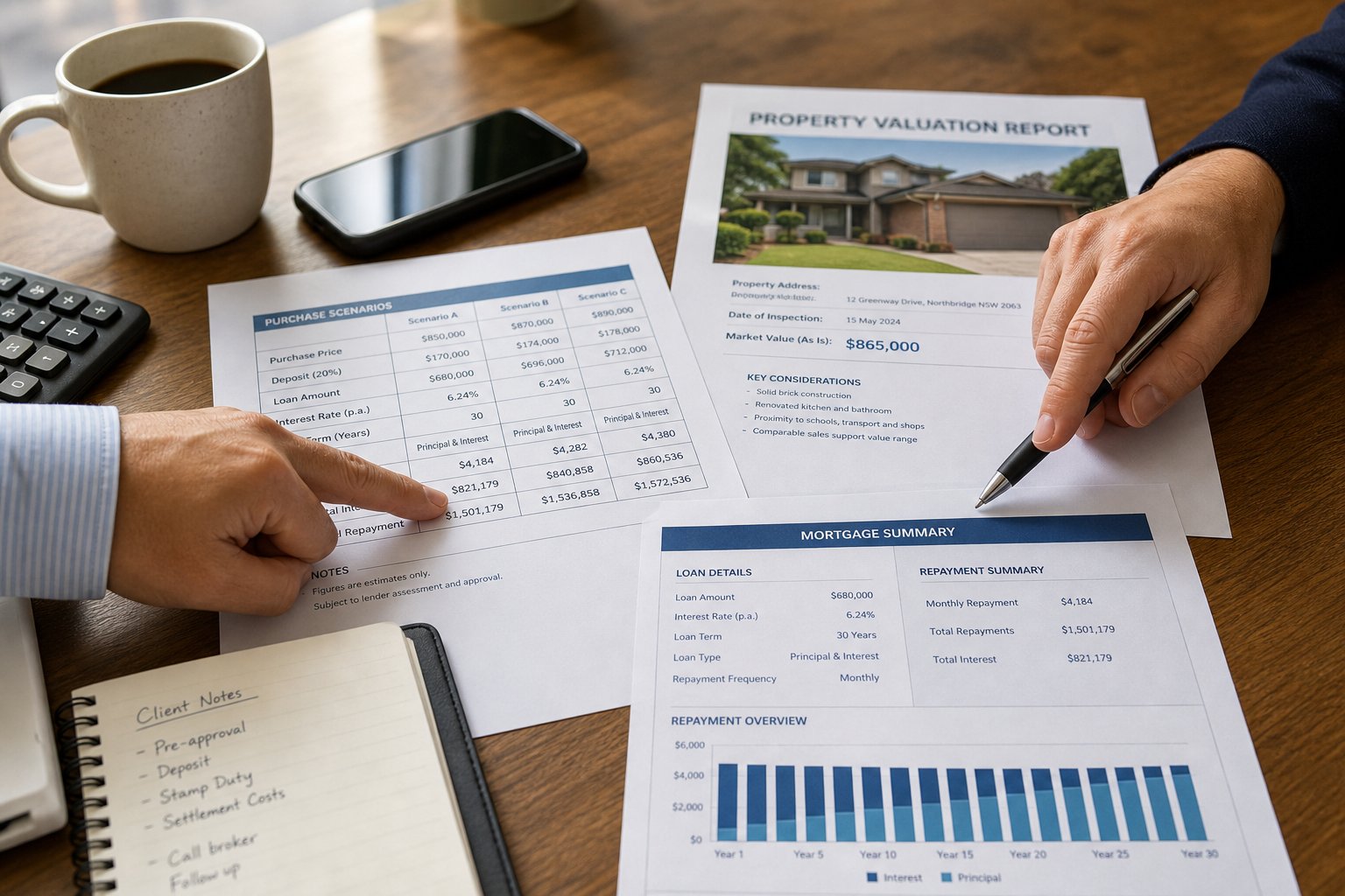 Close-up of hands reviewing commercial mortgage paperwork and financial figures on a desk.