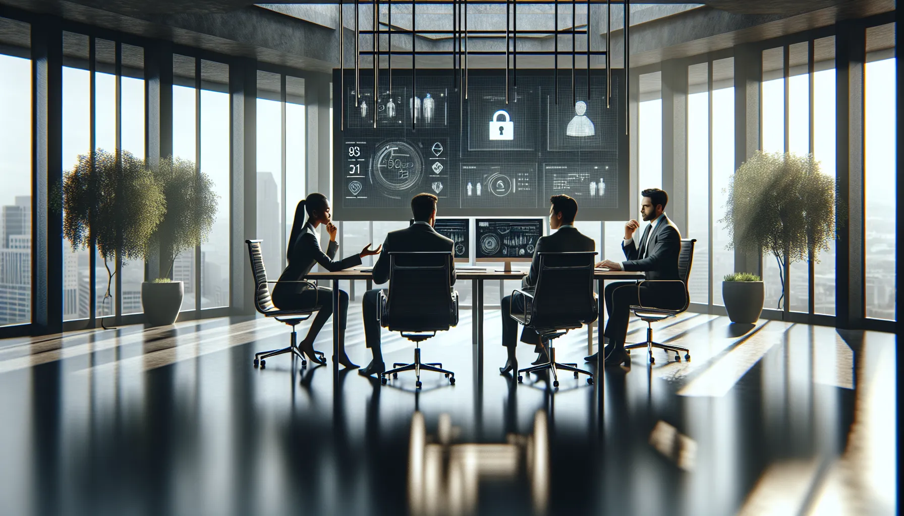 professionals discussing data security in a modern office setting.