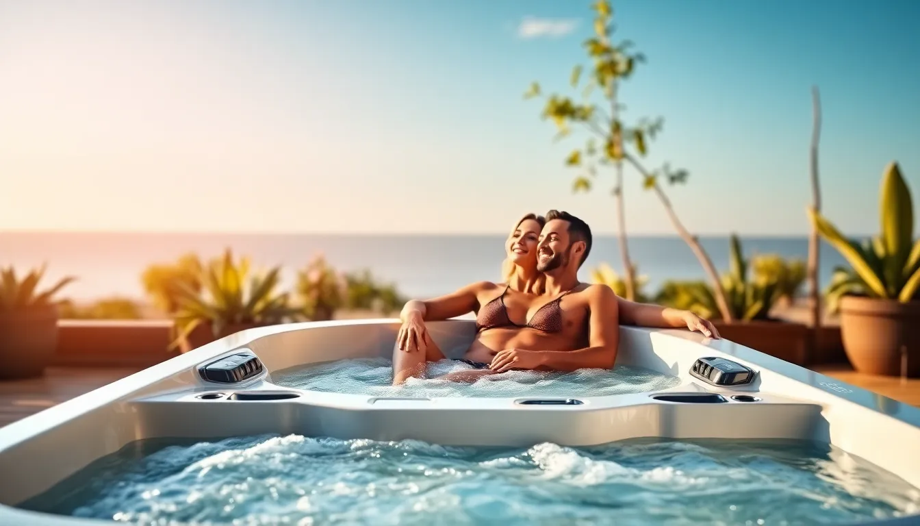 couple relaxing in a modern two-person jacuzzi hot tub outdoors.