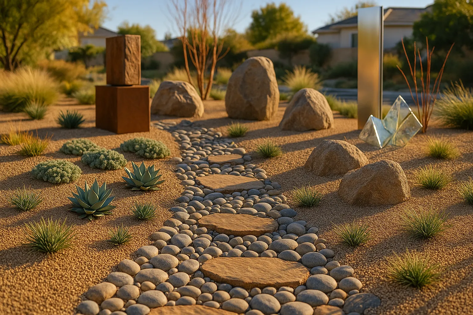 A drought-tolerant rock garden with dry riverbed, succulents, and reflective metal panel.
