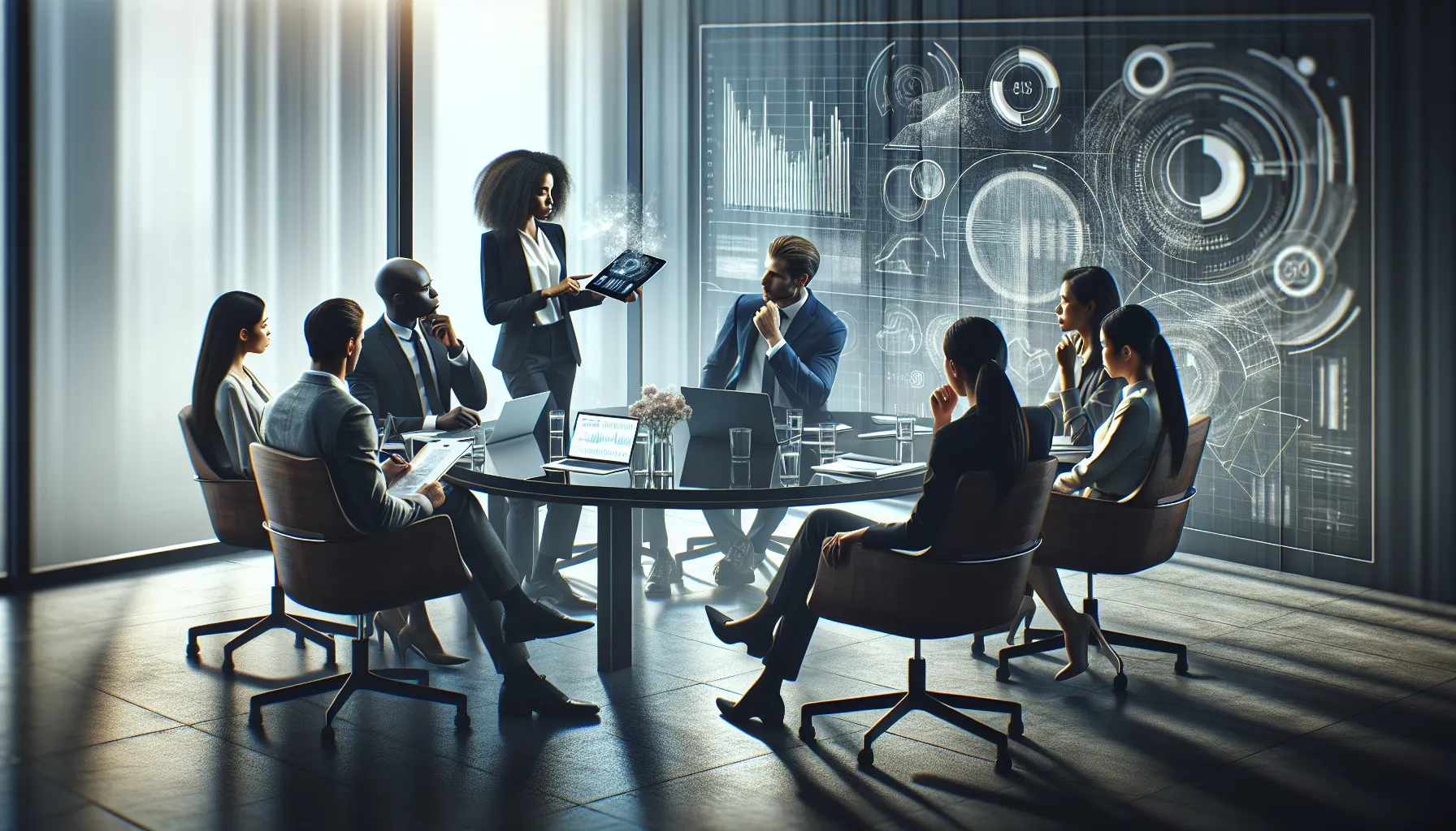 diverse professionals collaborating in a modern office over data analysis.