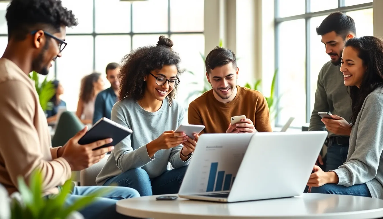 diverse millennials in a modern workspace managing finances with technology.