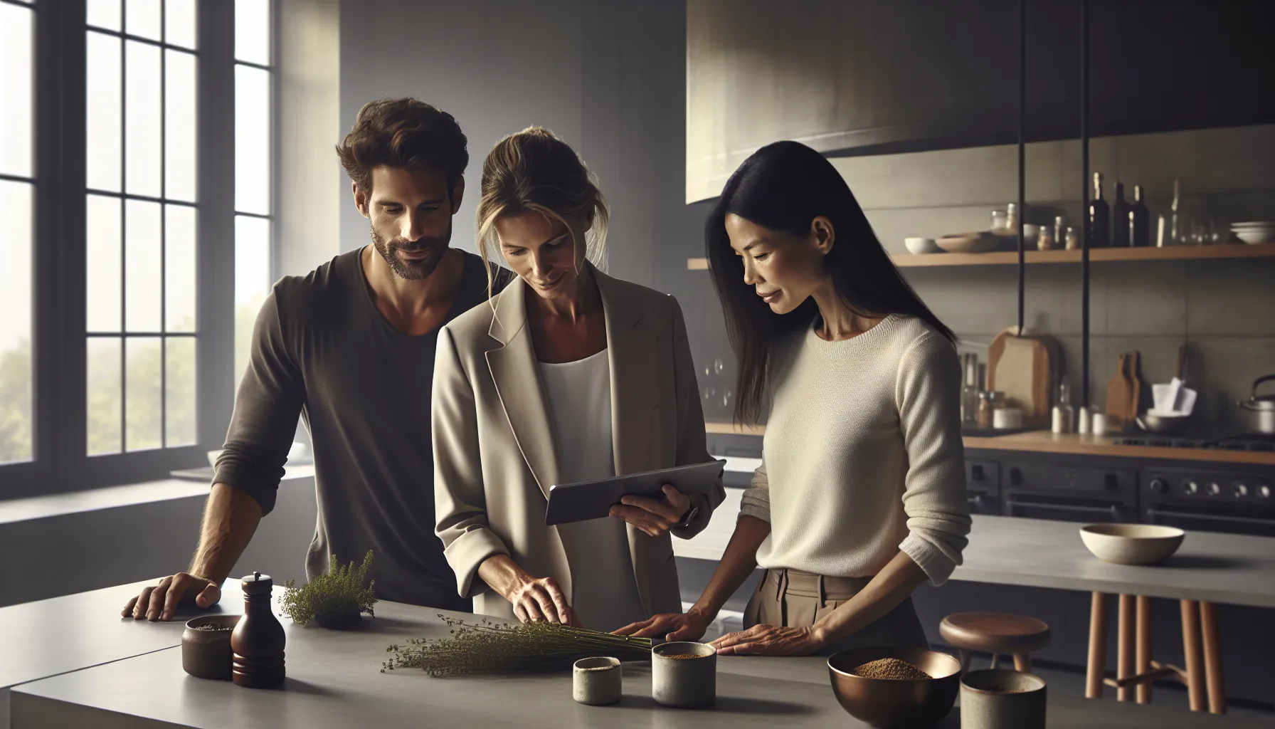 diverse team discussing ingredients in a modern kitchen.