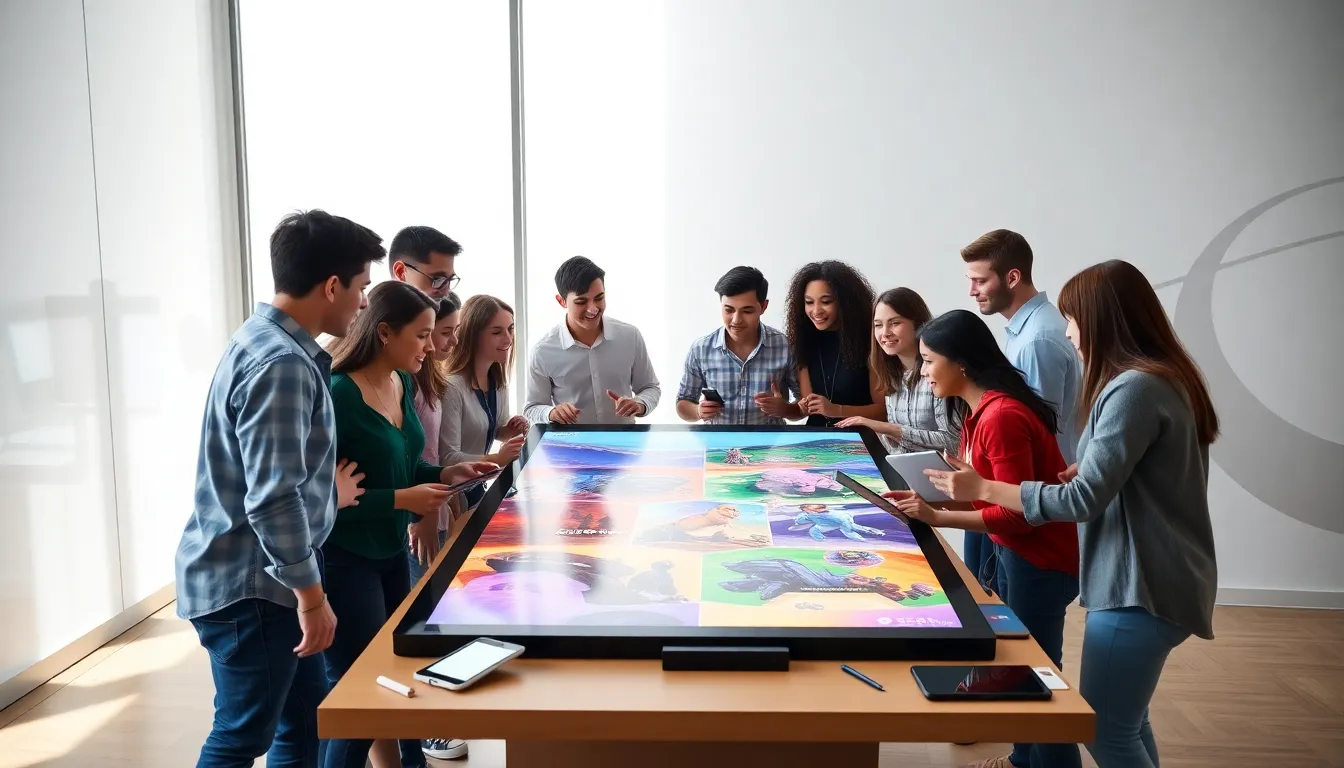 diverse team brainstorming game designs in a modern office.