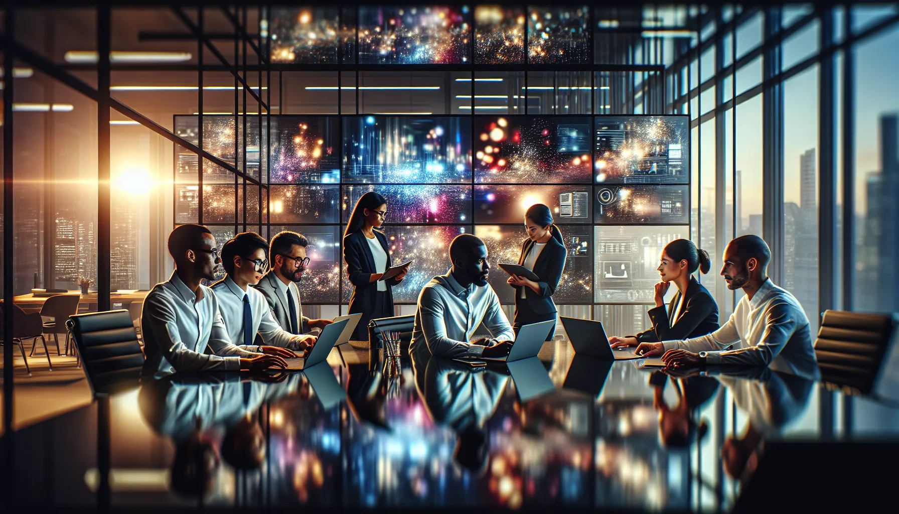 diverse team collaborating on bokeh video projects in a modern office.