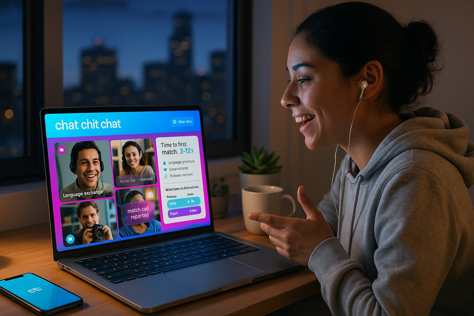 Young adult using laptop for quick curated video chats at dusk.