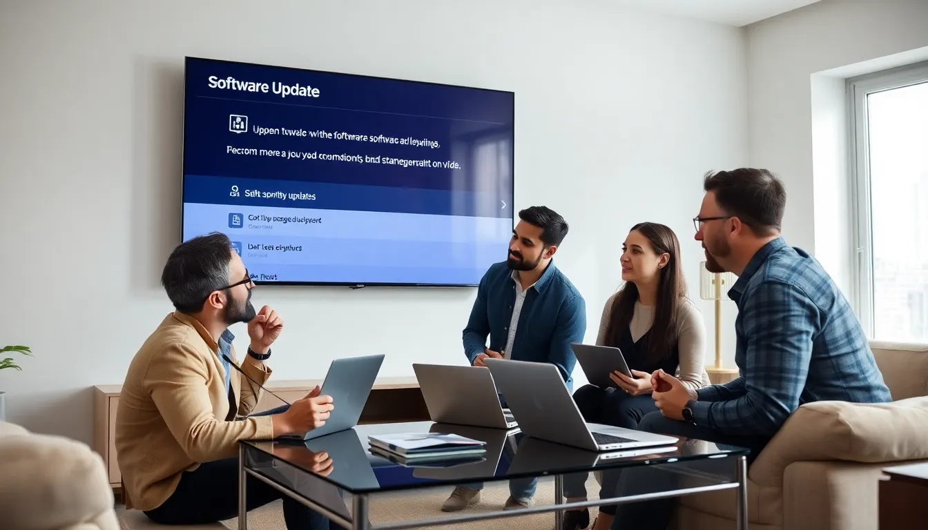 professionals discussing Samsung TV updates in a modern living room.