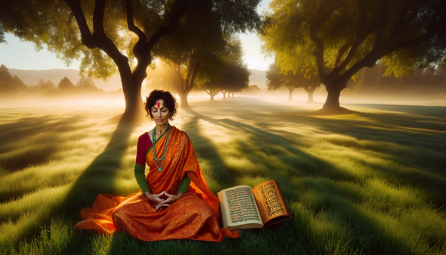 A woman in a sari meditating outdoors, symbolizing Hinduism's rich traditions.