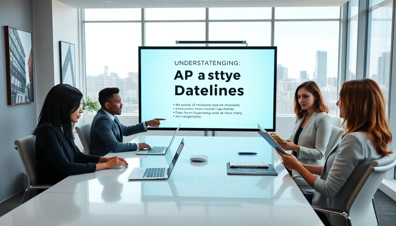 journalists collaborating on AP Style Datelines in a modern office.