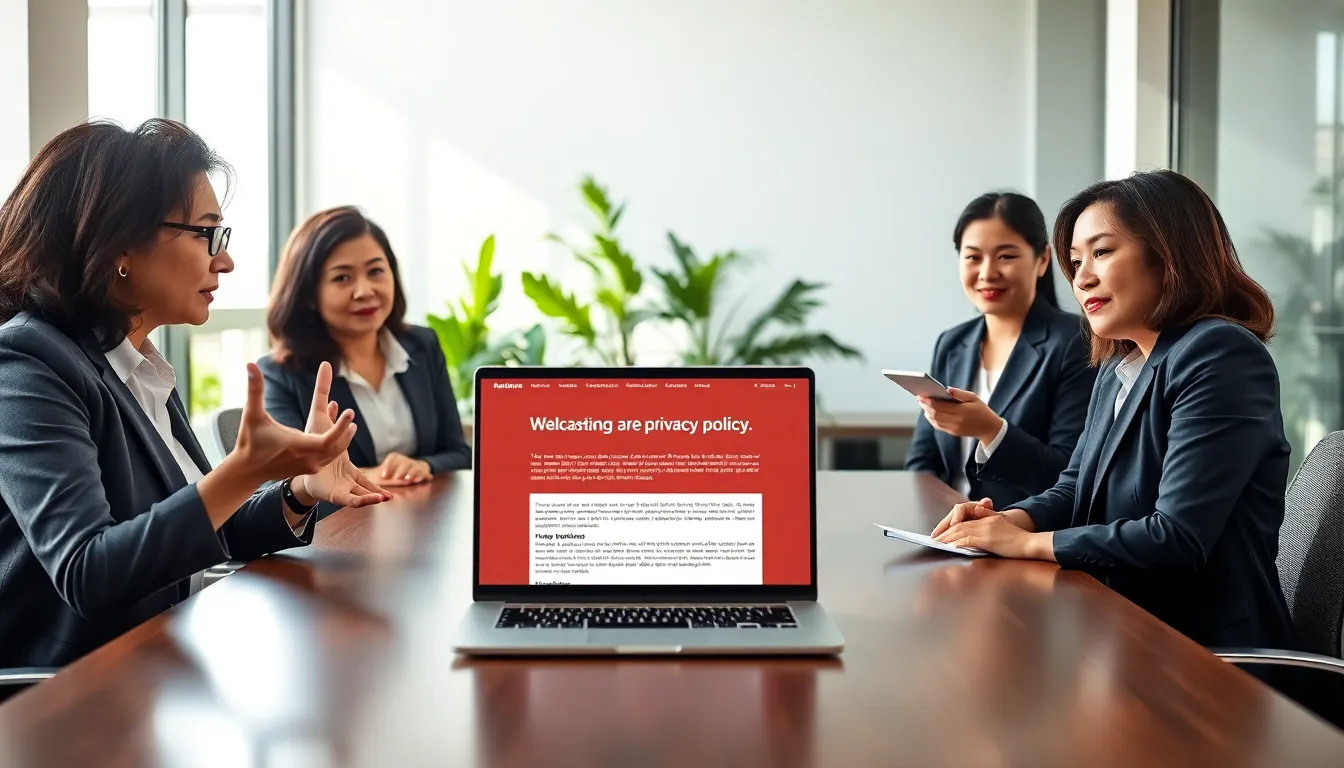 three professionals discussing Redwebzine.org's privacy policy in an office.