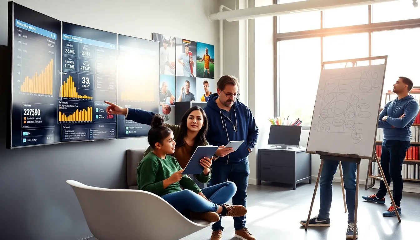 three people reviewing sports data in a modern office.