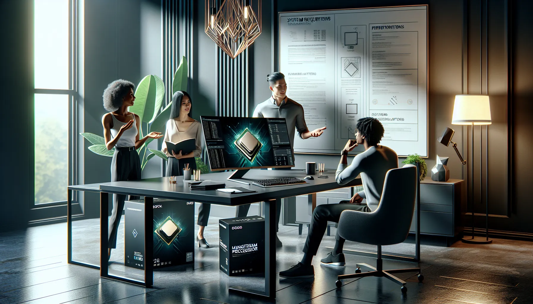 A diverse team discussing system requirements around a modern desktop computer.