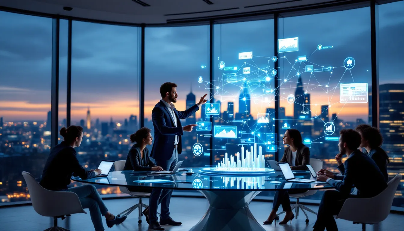 Professionals collaborating around data visualizations in a modern office setting.