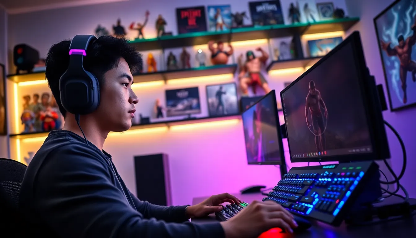 a young gamer using advanced gaming gadgets in a dimly lit room.