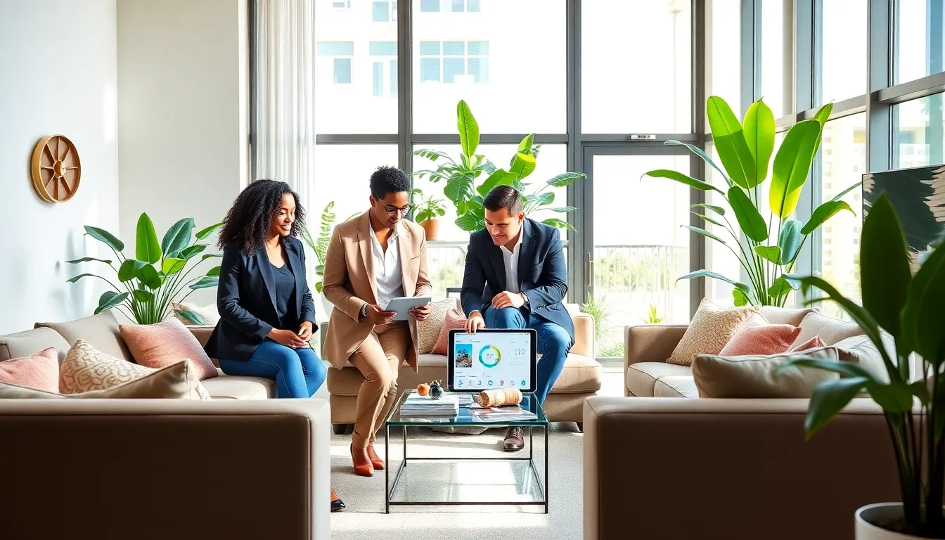 diverse professionals discussing smart home technology in a modern living room.