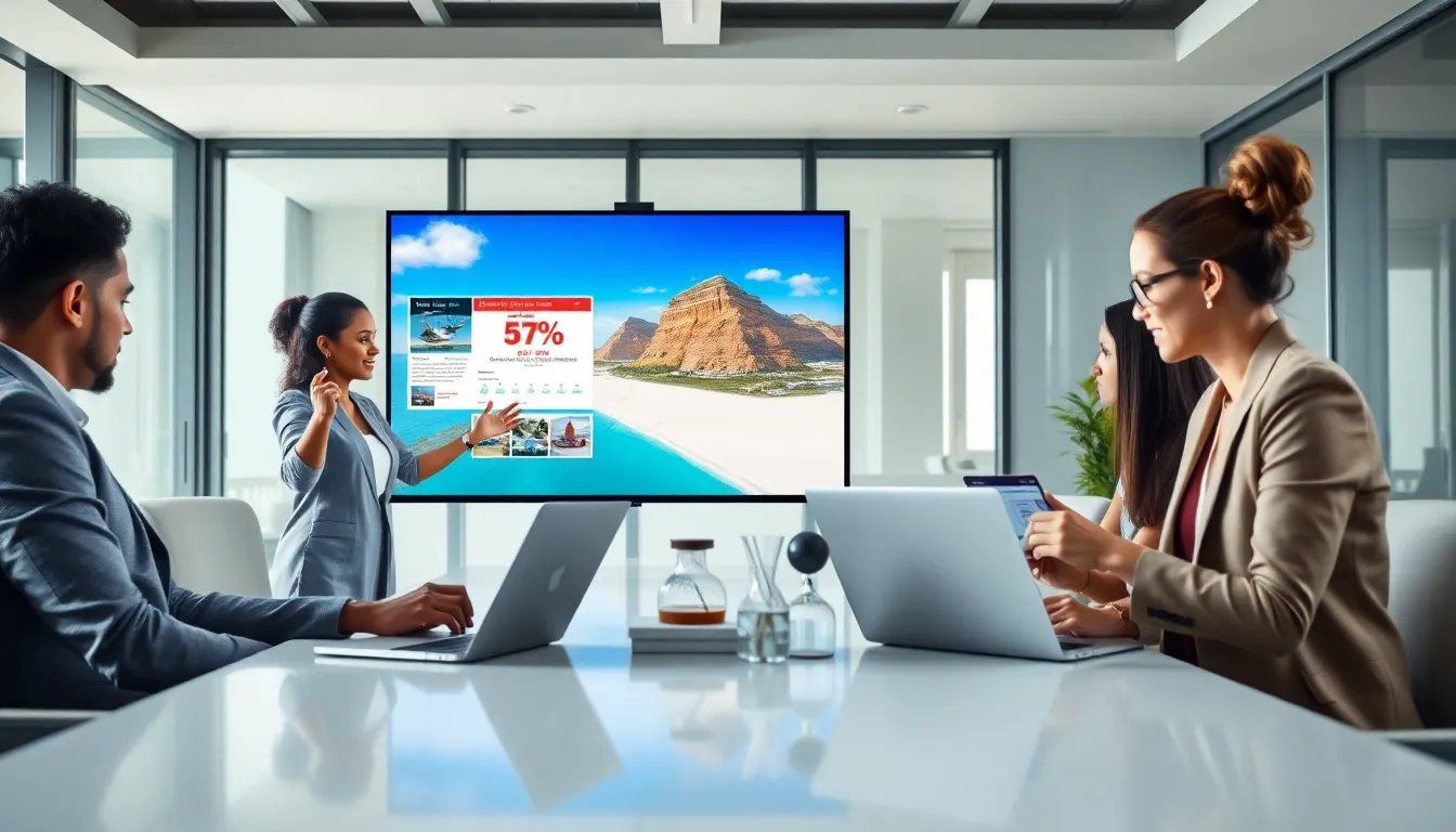 diverse professionals collaborating on travel discount solutions in a modern office.