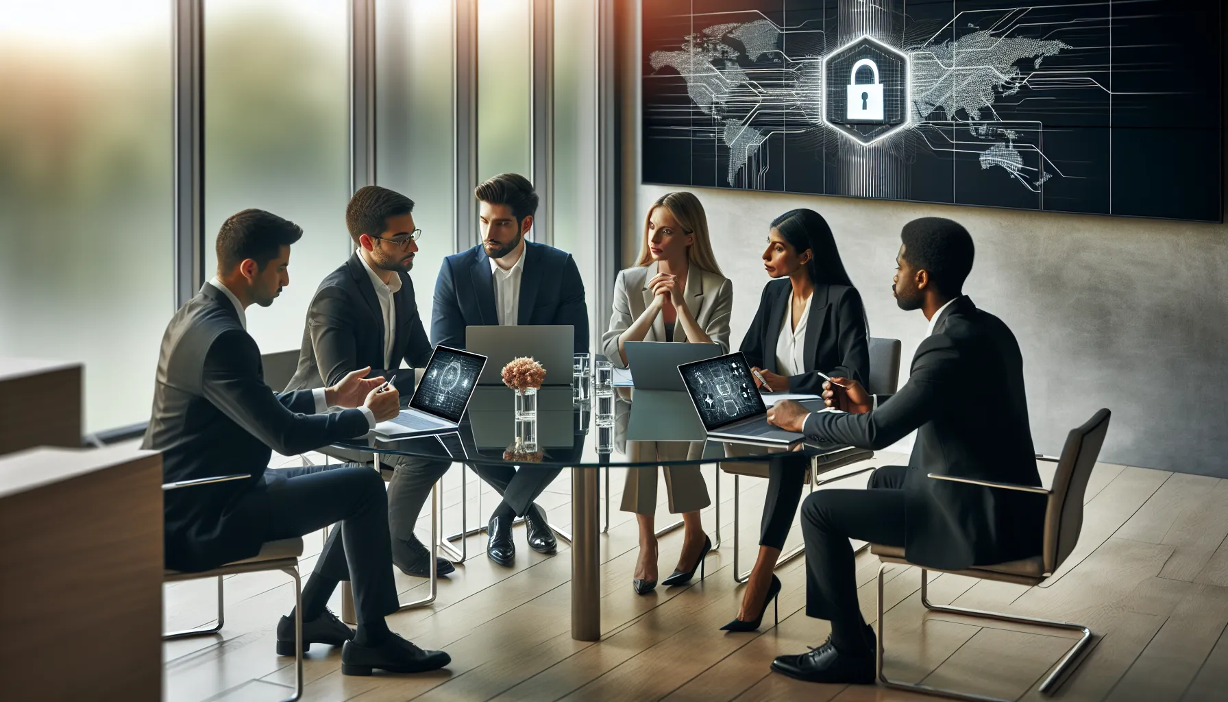 diverse professionals collaborating on network security in a modern office.
