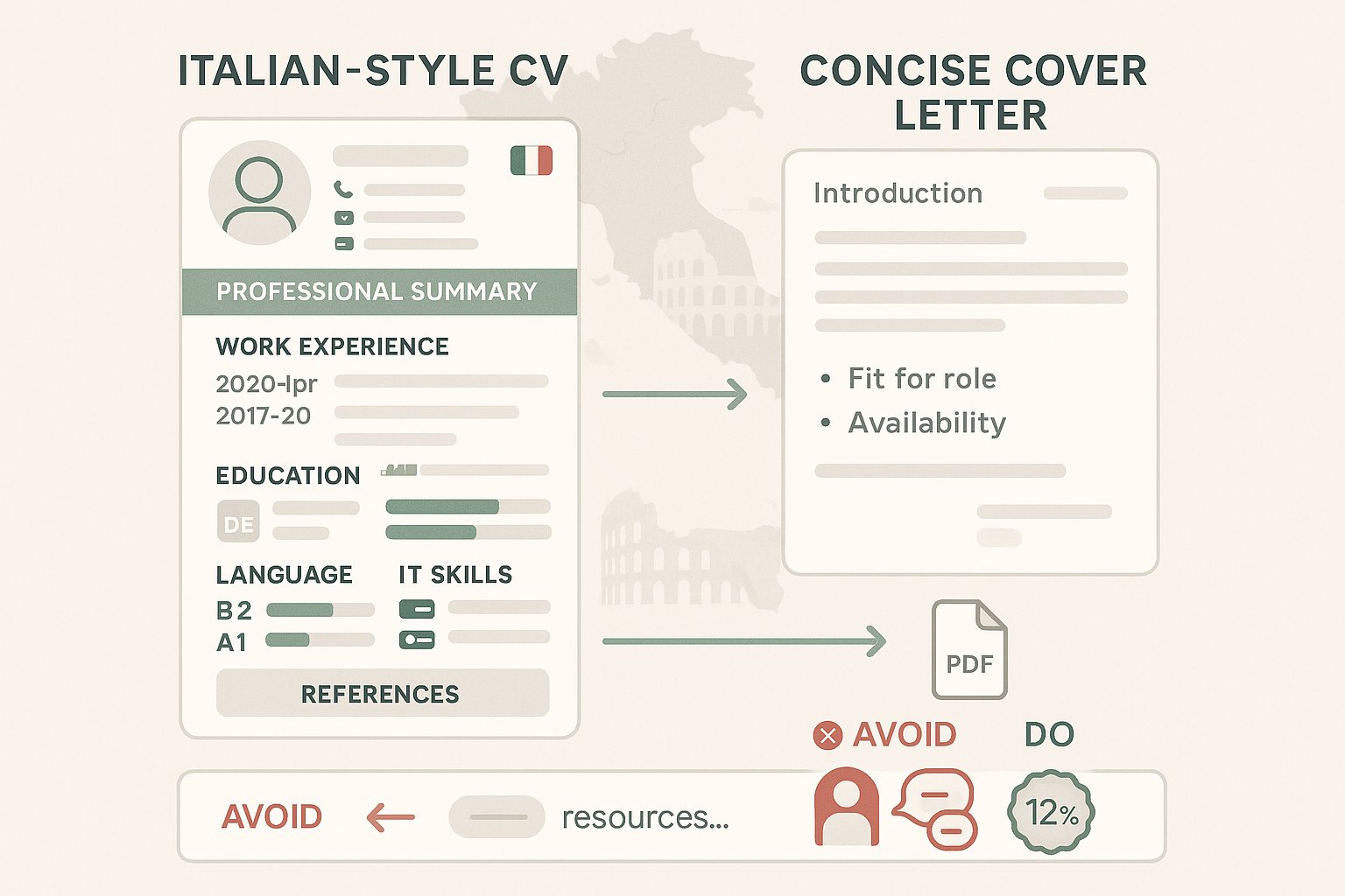 Infografica che mostra il layout del CV in stile italiano e consigli per lettere di presentazione concise.