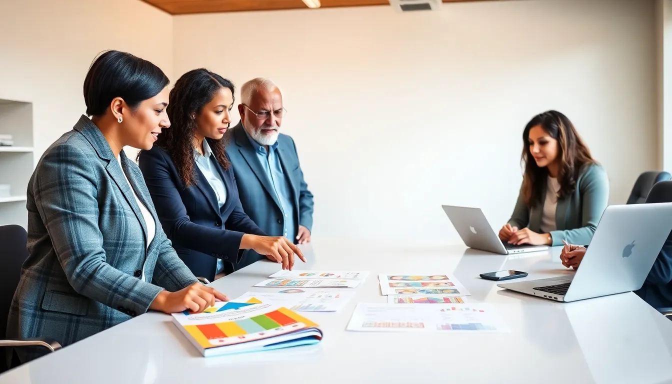 professionals discussing child development in a modern classroom.