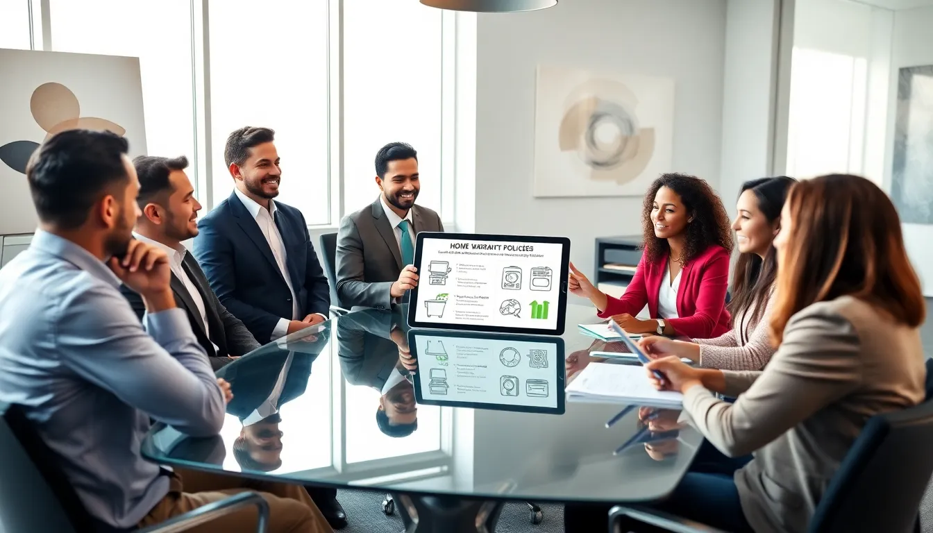 professionals discussing home warranty policies in a modern office.