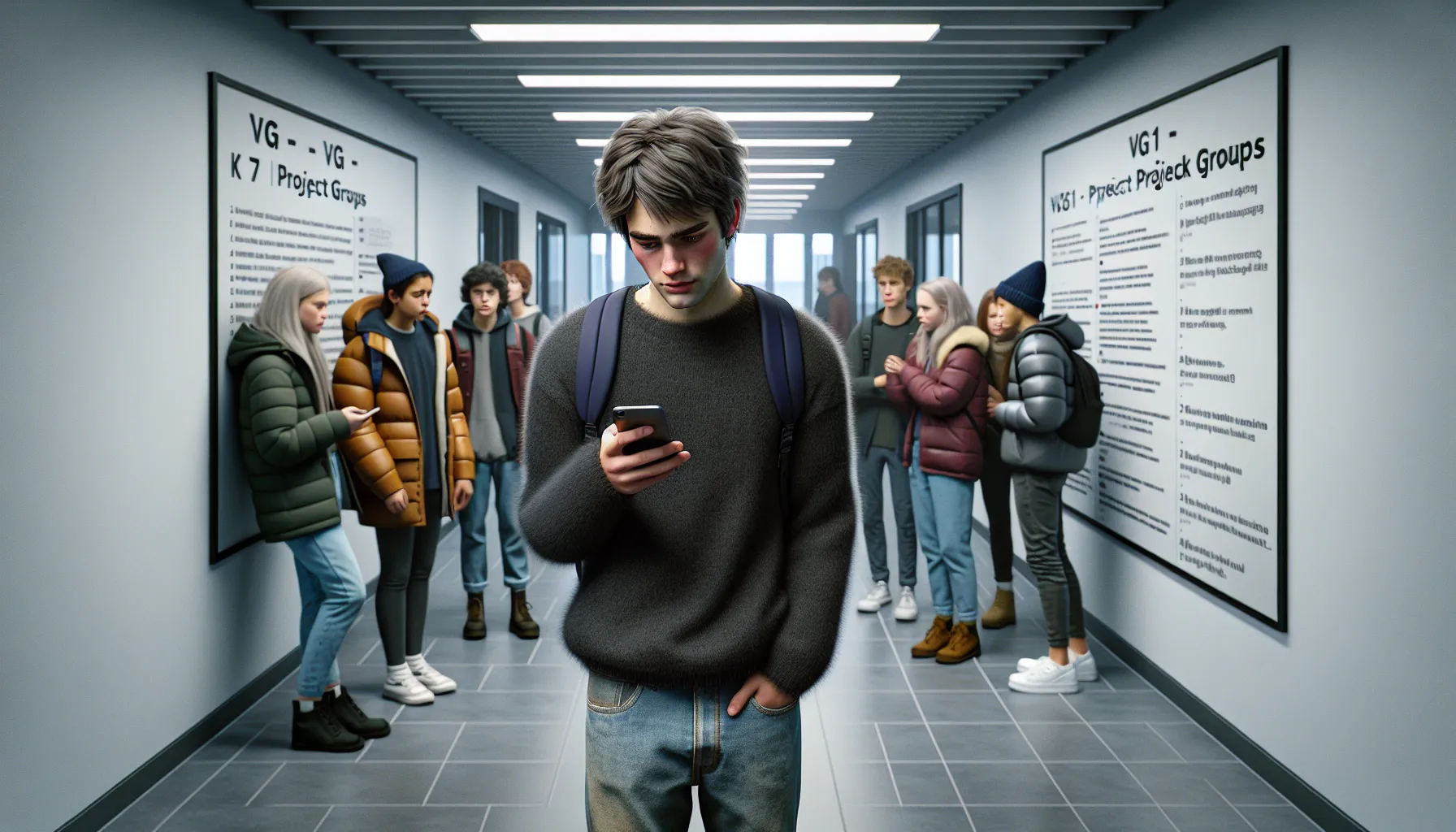 Norwegian teen sees exclusion on phone as classmates whisper in corridor.