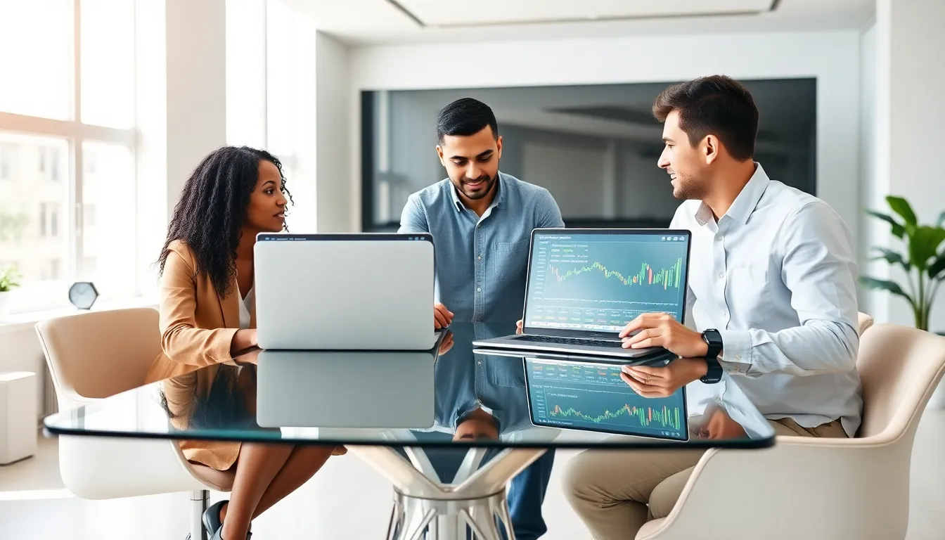 diverse team discussing digital currency at a glass conference table.