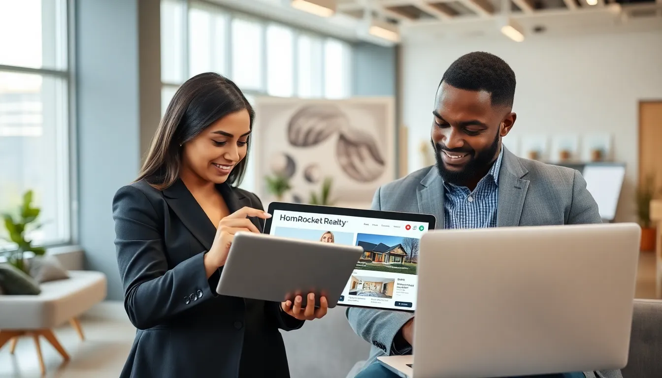 diverse team in a modern real estate office using digital tools.