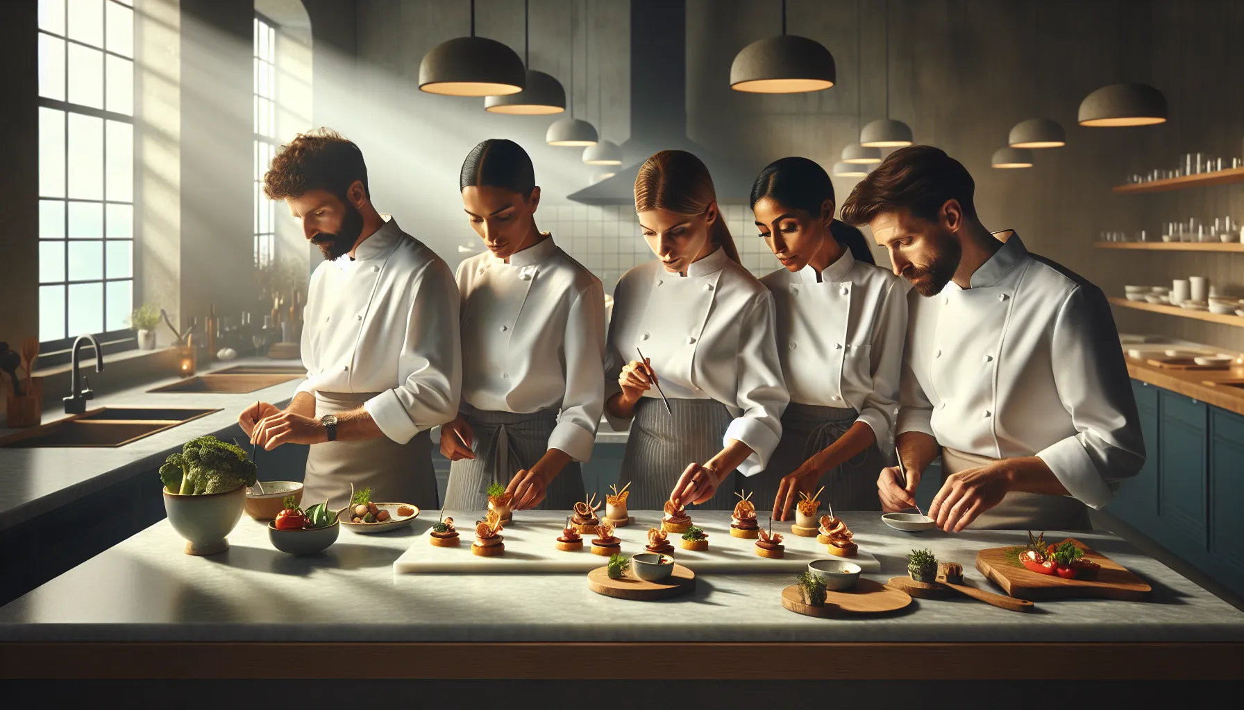 chefs preparing modern Shropadis dishes in a contemporary kitchen.