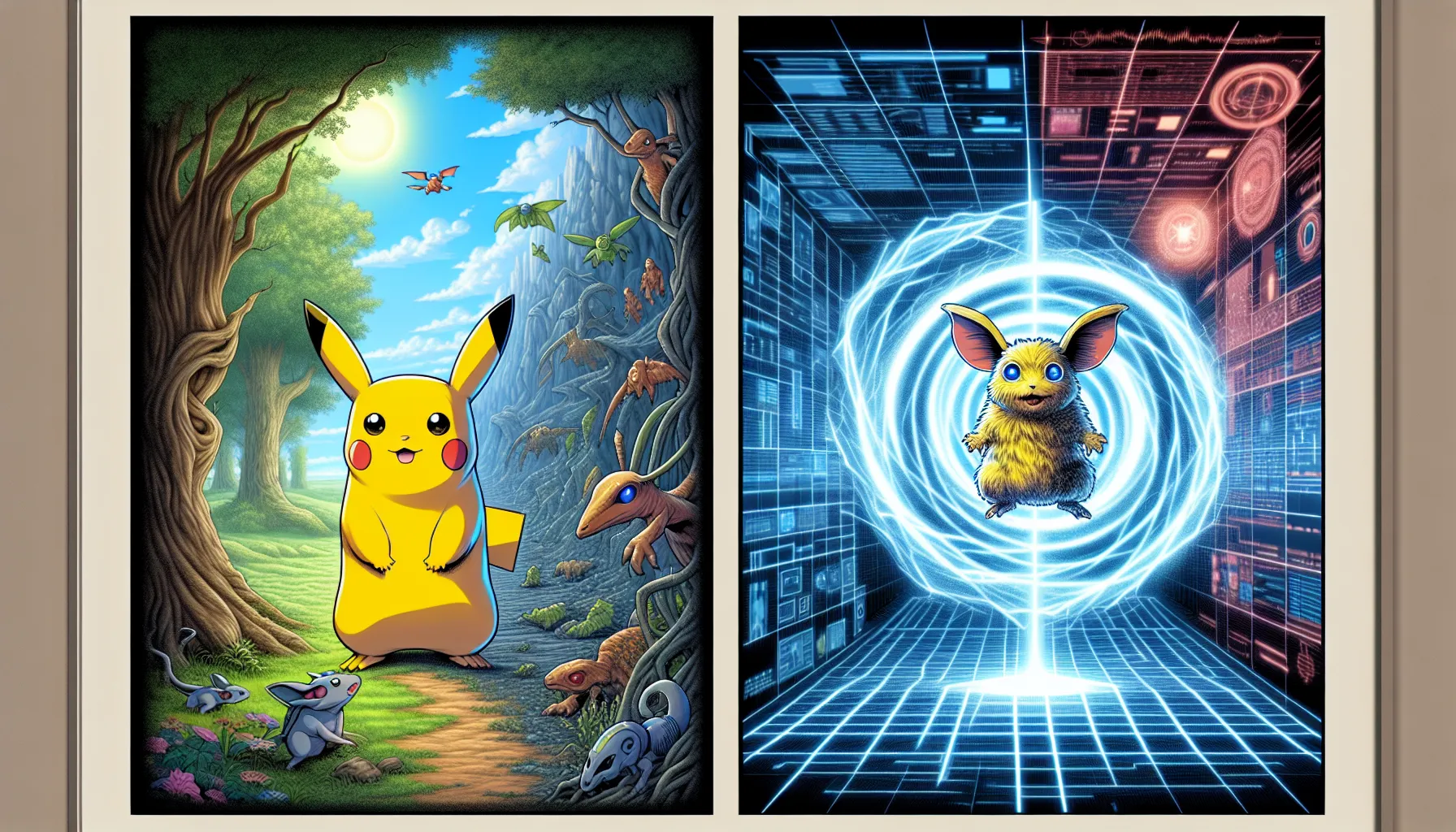 Split-screen of Pikachu in nature and Agumon in a digital setting, reflecting differences.