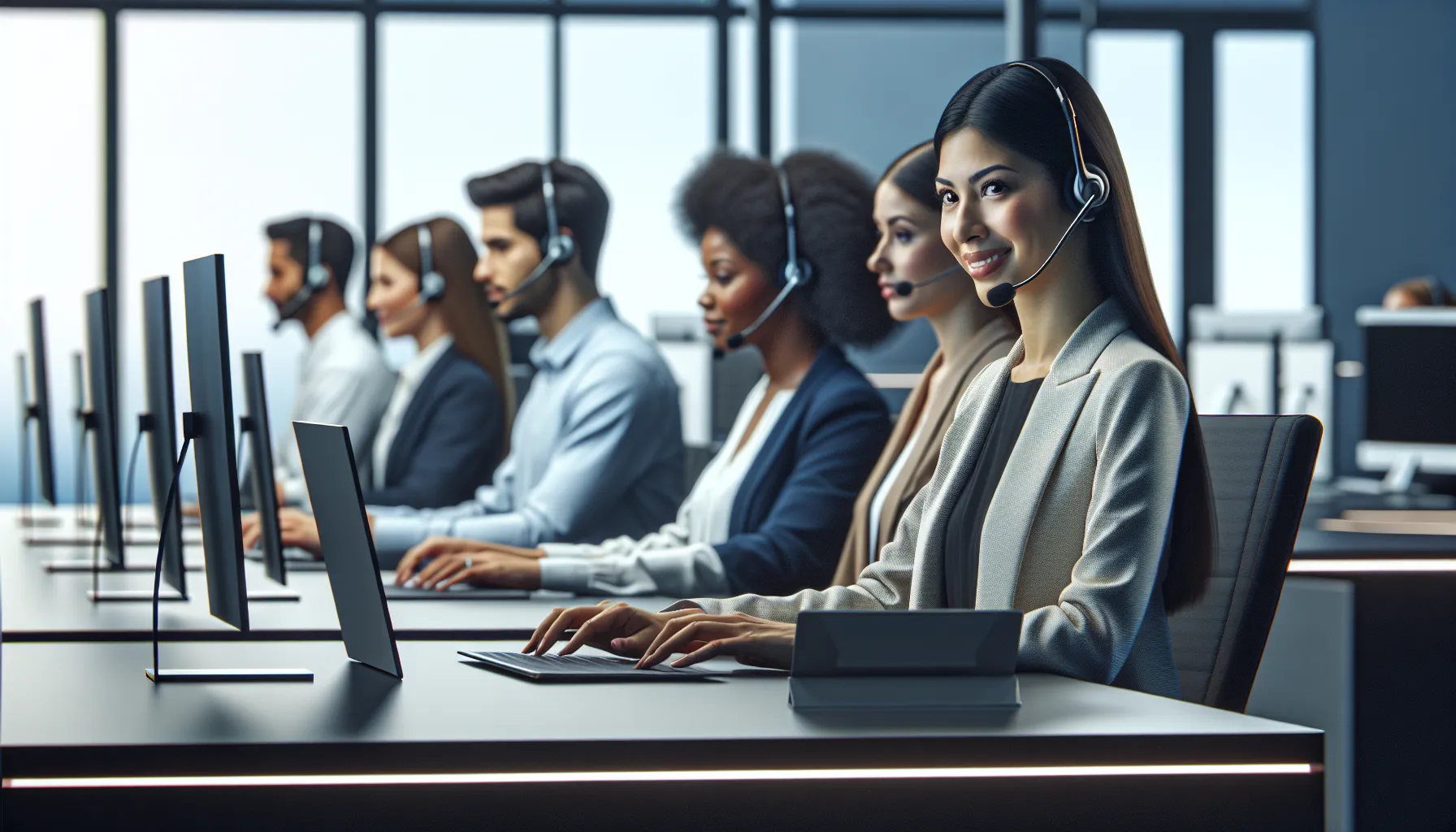 Customer service team in a modern call center assisting clients.