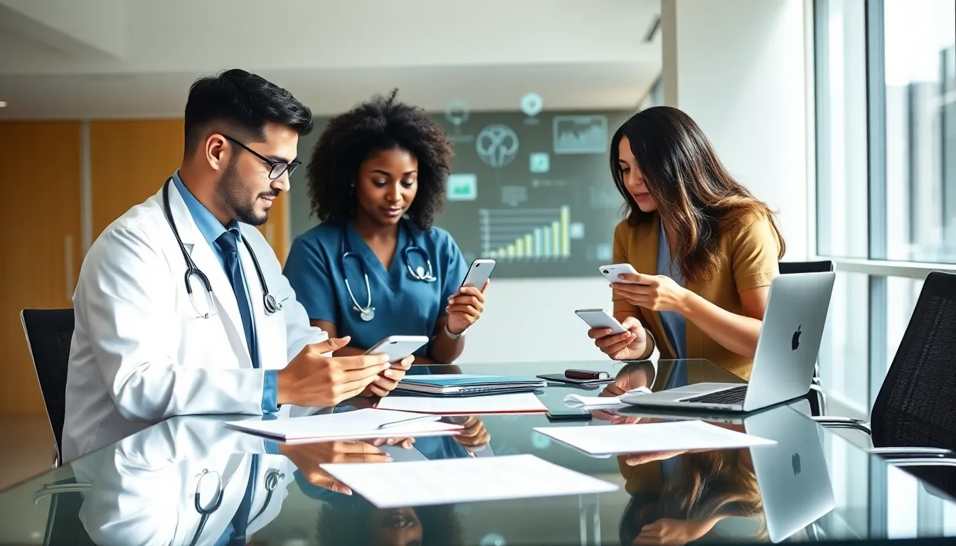healthcare team using mobile medical apps in a modern office.