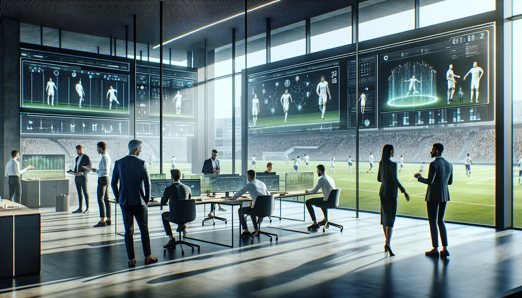diverse professionals collaborating on football analytics in a modern office.