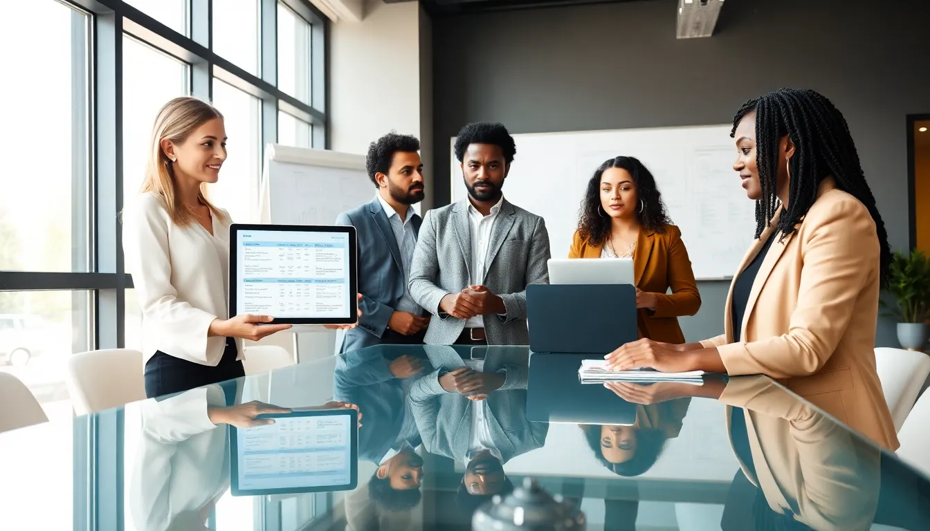 diverse team discussing property management services in a modern office.