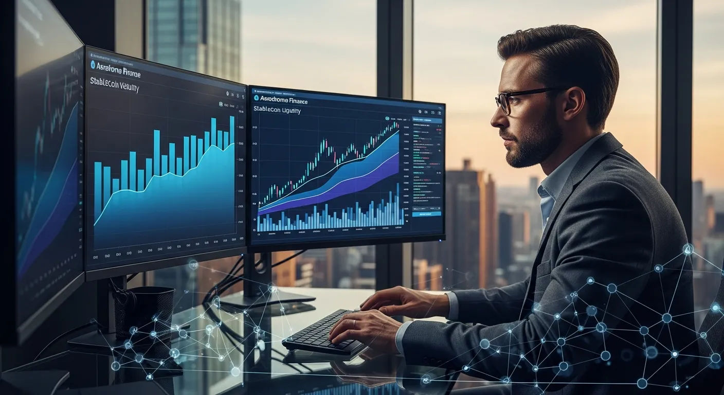 A financial analyst reviewing upward-trending market charts on high-tech screens in a city office.