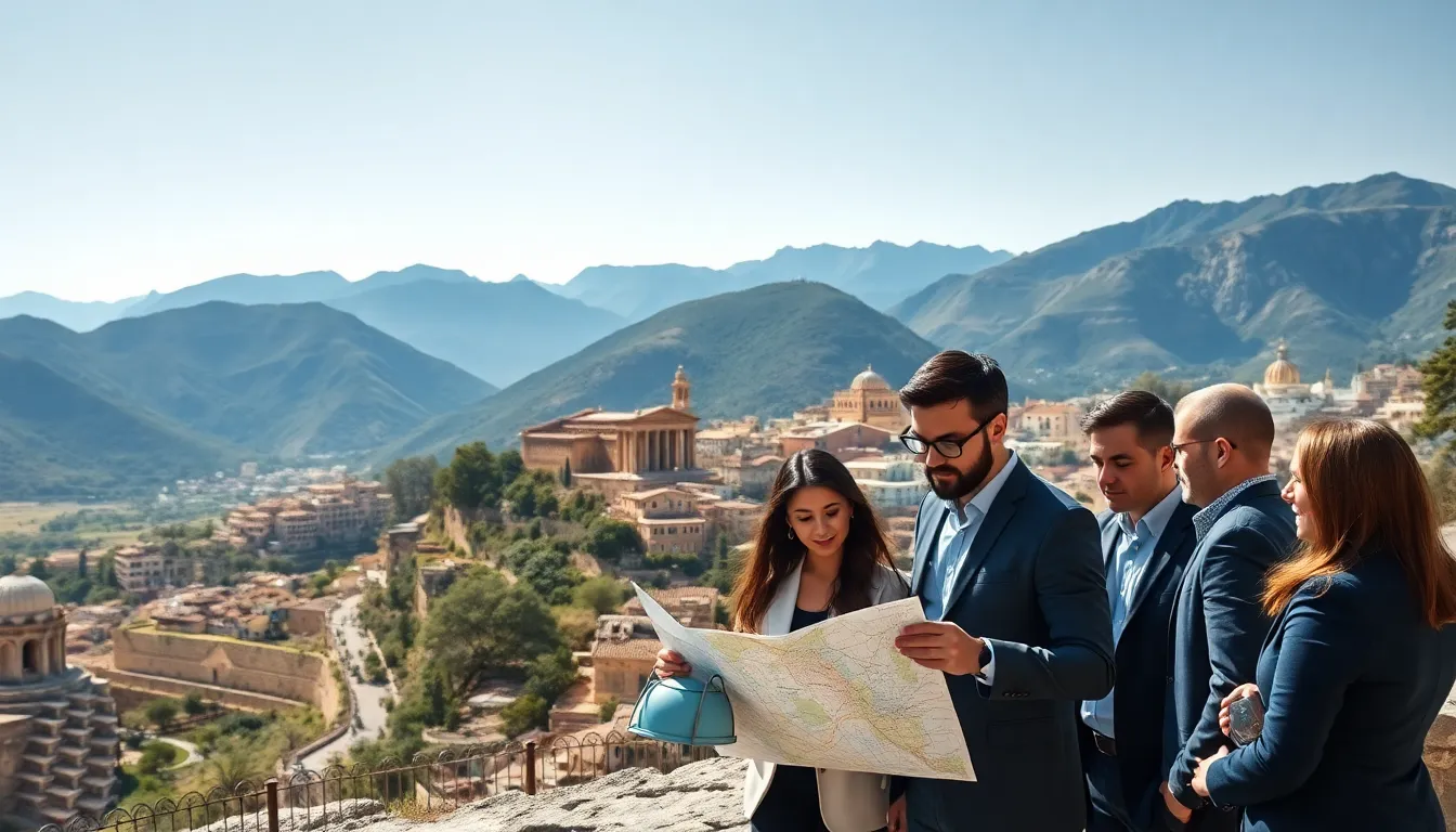 scenic view of Vryntharion Krylos with diverse professionals discussing real estate.