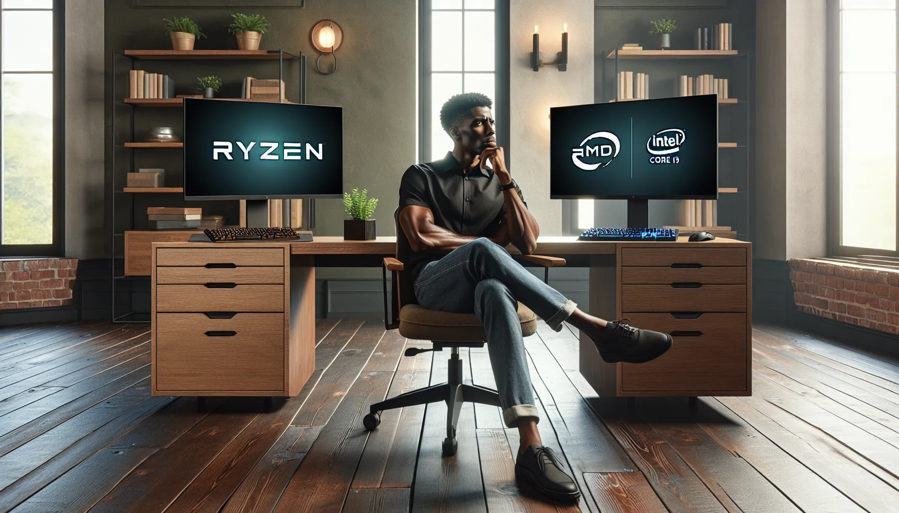 A young man evaluating AMD and Intel processors in a home office.