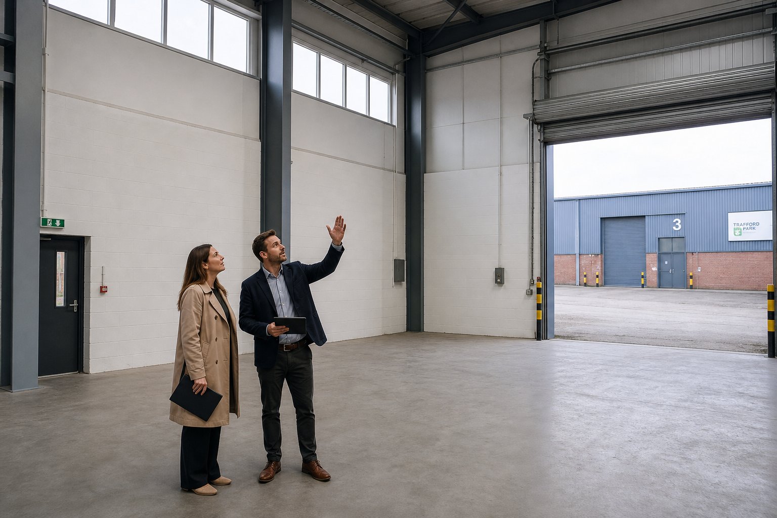 Advisor and client assessing a warehouse unit in Trafford for commercial mortgage financing.