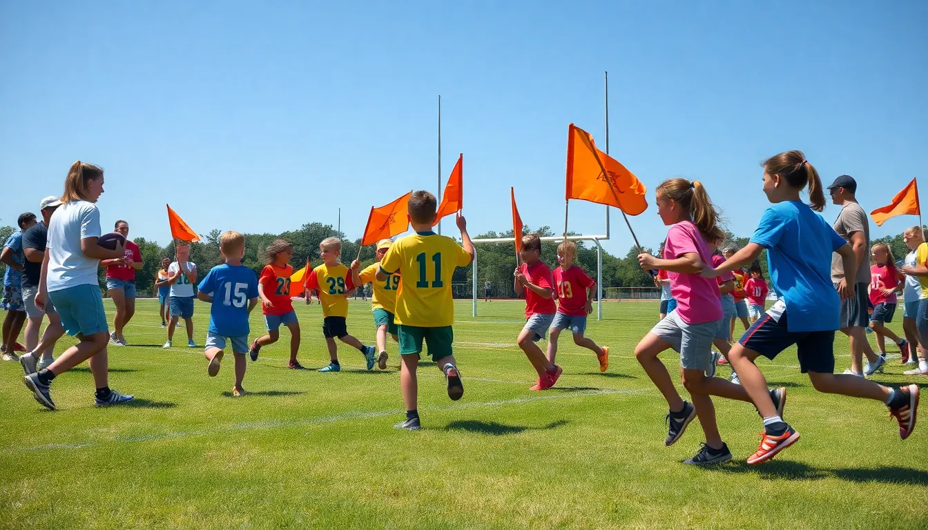 young athletes practicing flag football at a summer camp.