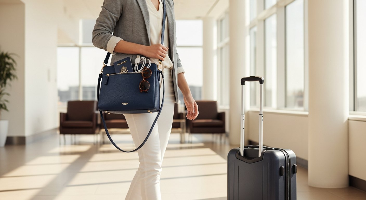 stylish traveler with a secure designer crossbody bag in an airport.