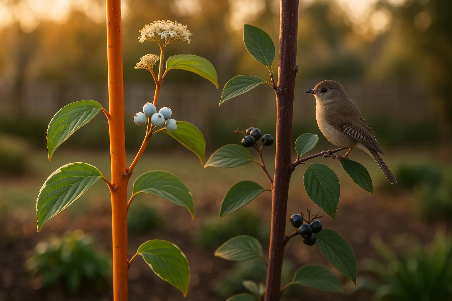 Close-up of two dogwood stems showing red-orange and purple-brown bark and different fruits.