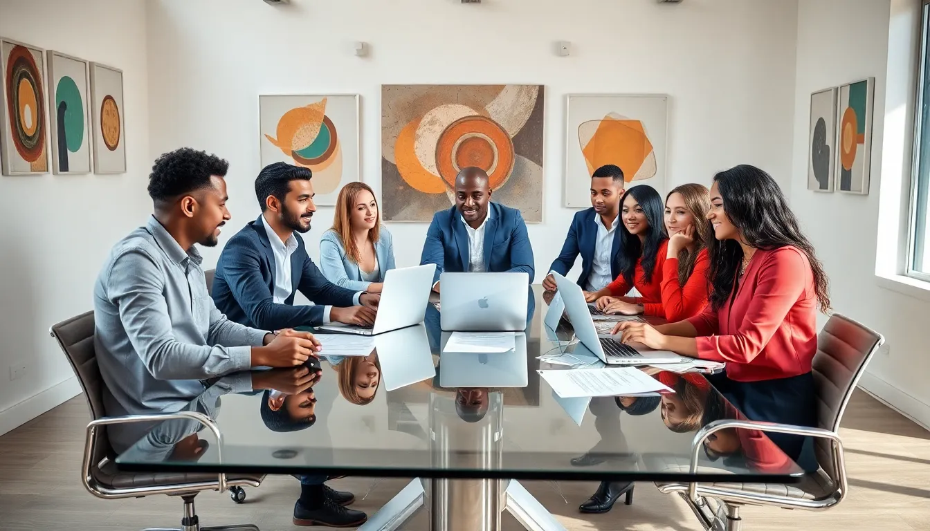 diverse professionals discussing numbers in a modern office.