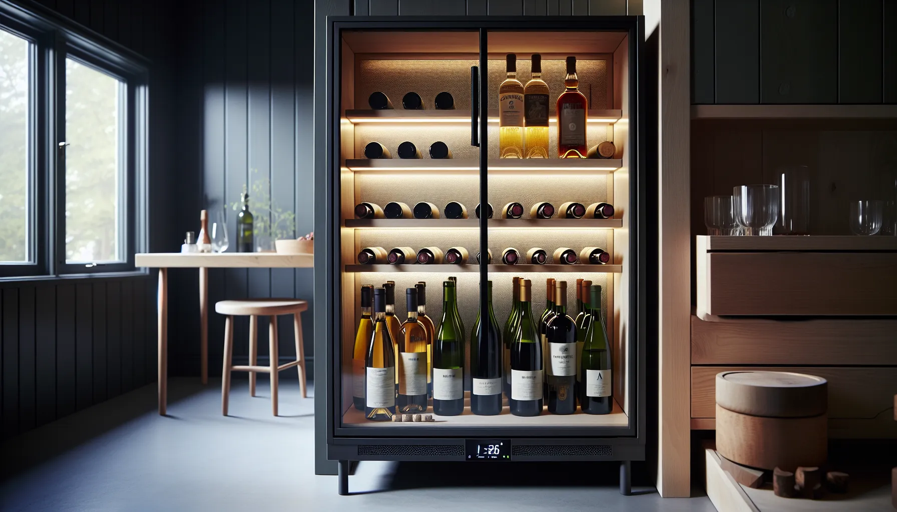 De beste lagringsløsningene for vin og drikkevarer 1 Wine cabinet with thermometer and correctly stored bottles in a dark pantry.