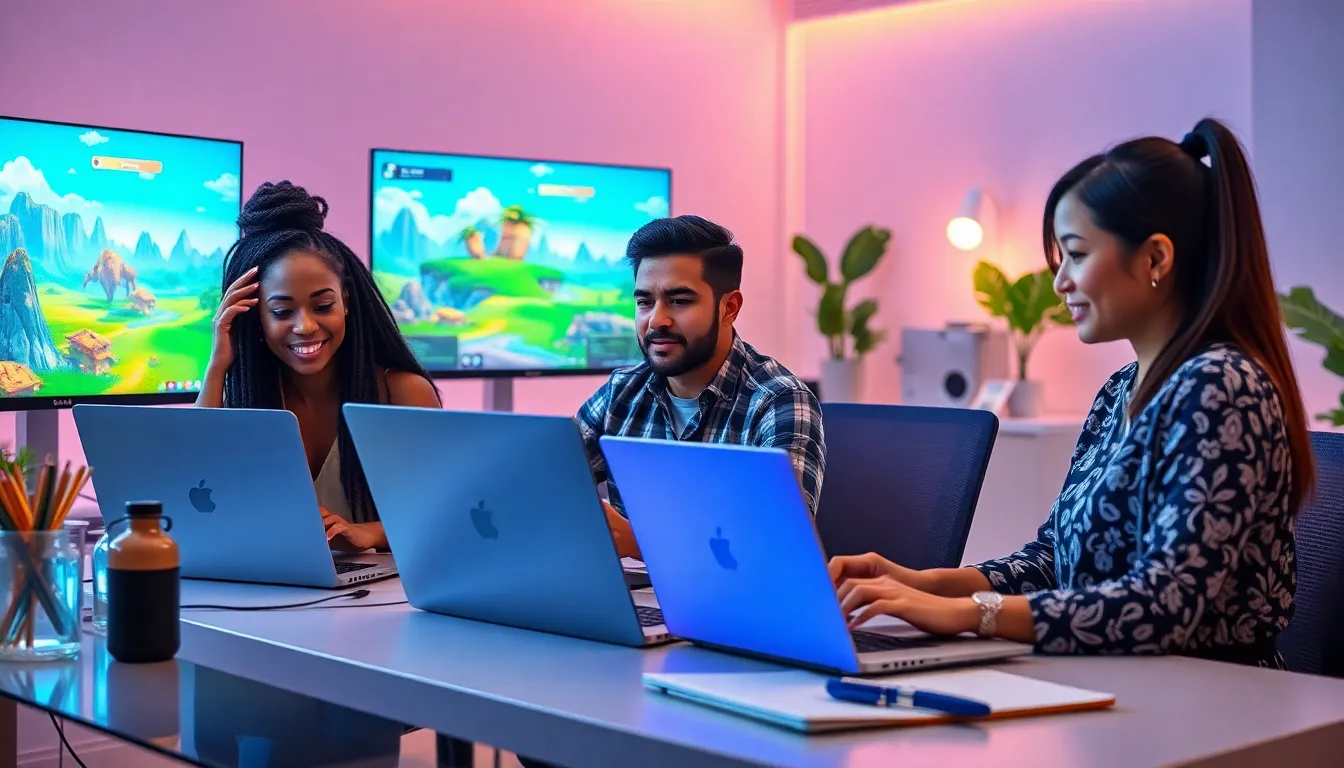 diverse group of gamers collaborating on virtual world design.